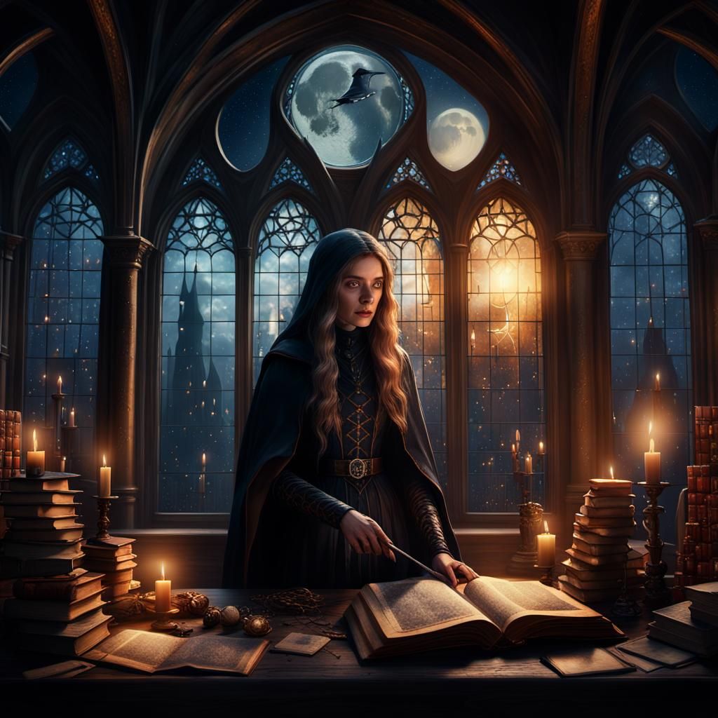 Witch in Gothic Tower Dreamscape: Dark Academia Digital Art