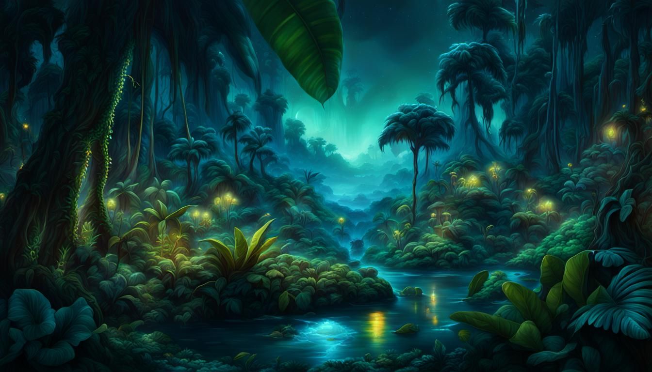 Bioluminescent Jungle at Night: A Digital Painting