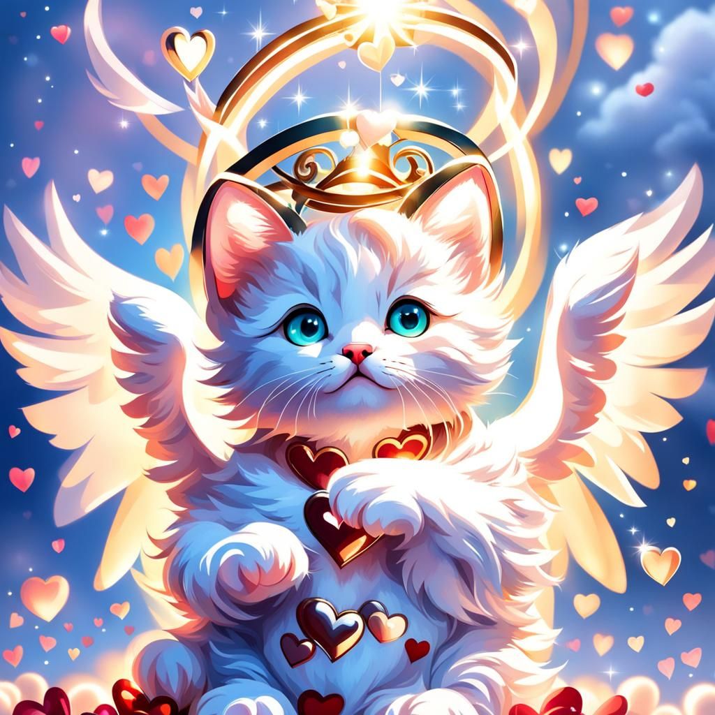 Cute Kitten Angel with Hearts for Valentine's Day