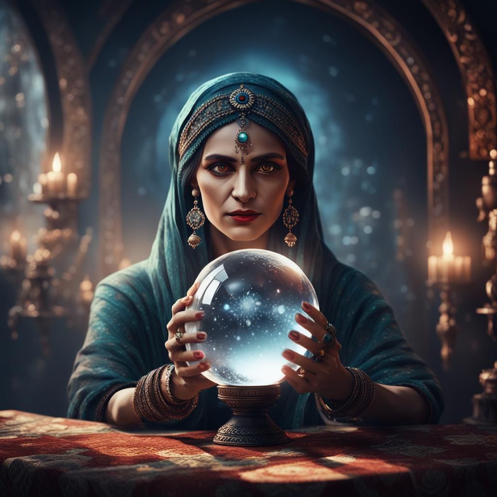 Gypsy Woman Scrying with Crystal Ball in Matte Painting Styl...