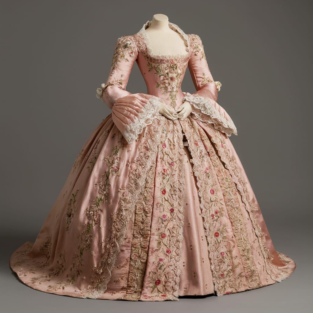 Elegant Elizabethan Royal Gown on Dress Form, Blush Pink