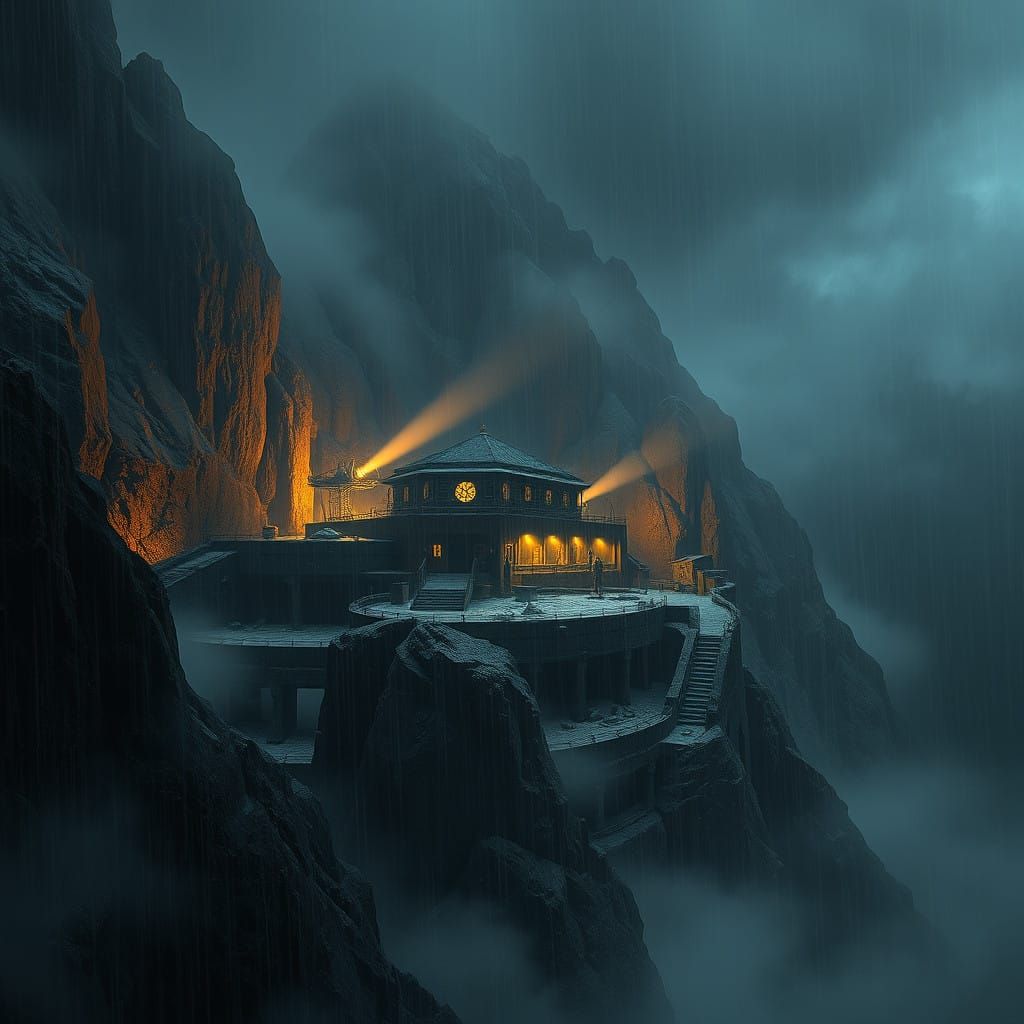 Foreboding Mountain Fortress in Dark, Misty Landscape