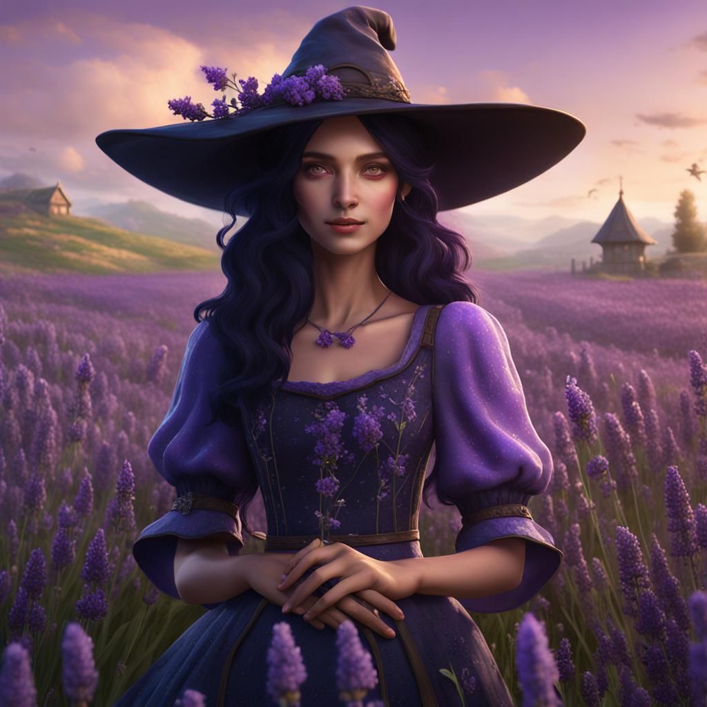 Happy Lavender Witch in a Flower Field