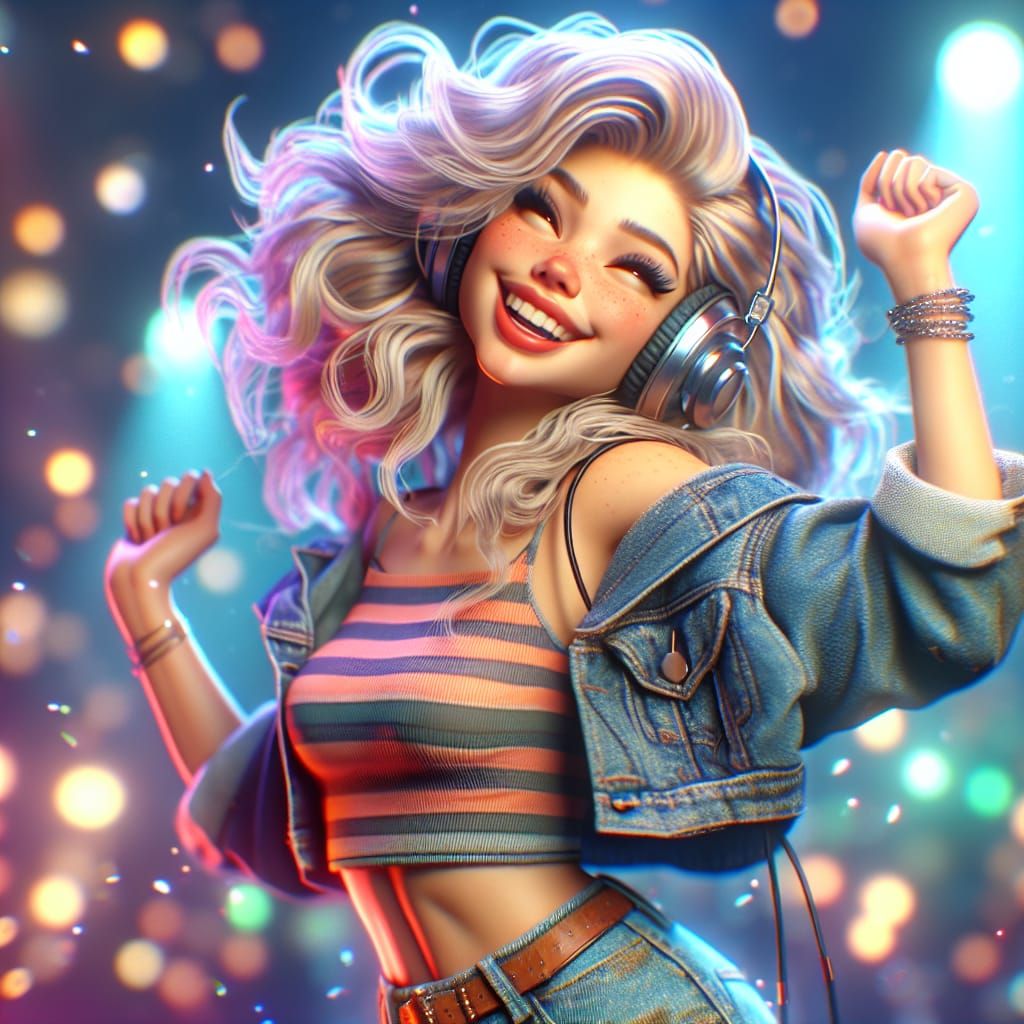 Joyful Blonde Woman Dancing in Sparkling Lights