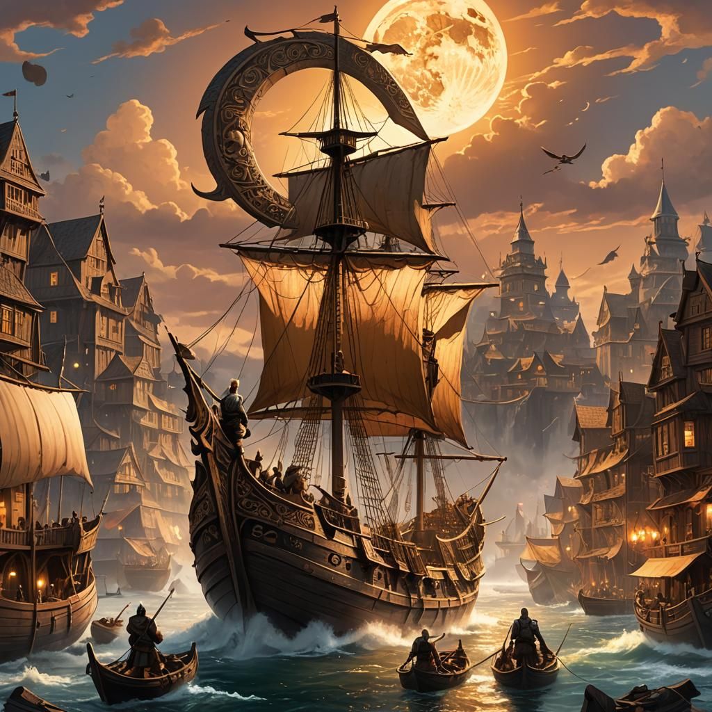Viking Ship Arrival Under Giant Moon, Comic Art