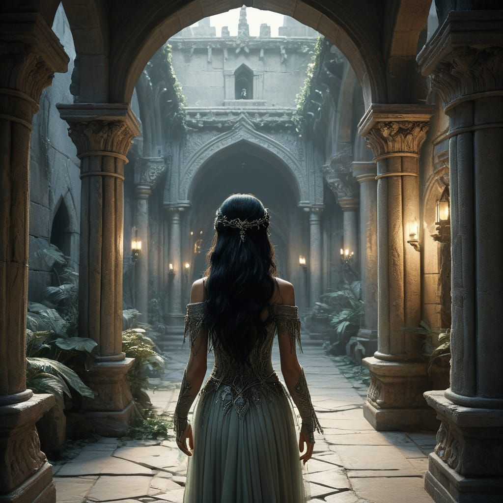 Regal Elf Queen Walks in Elegant Fantasy Palace Corridor