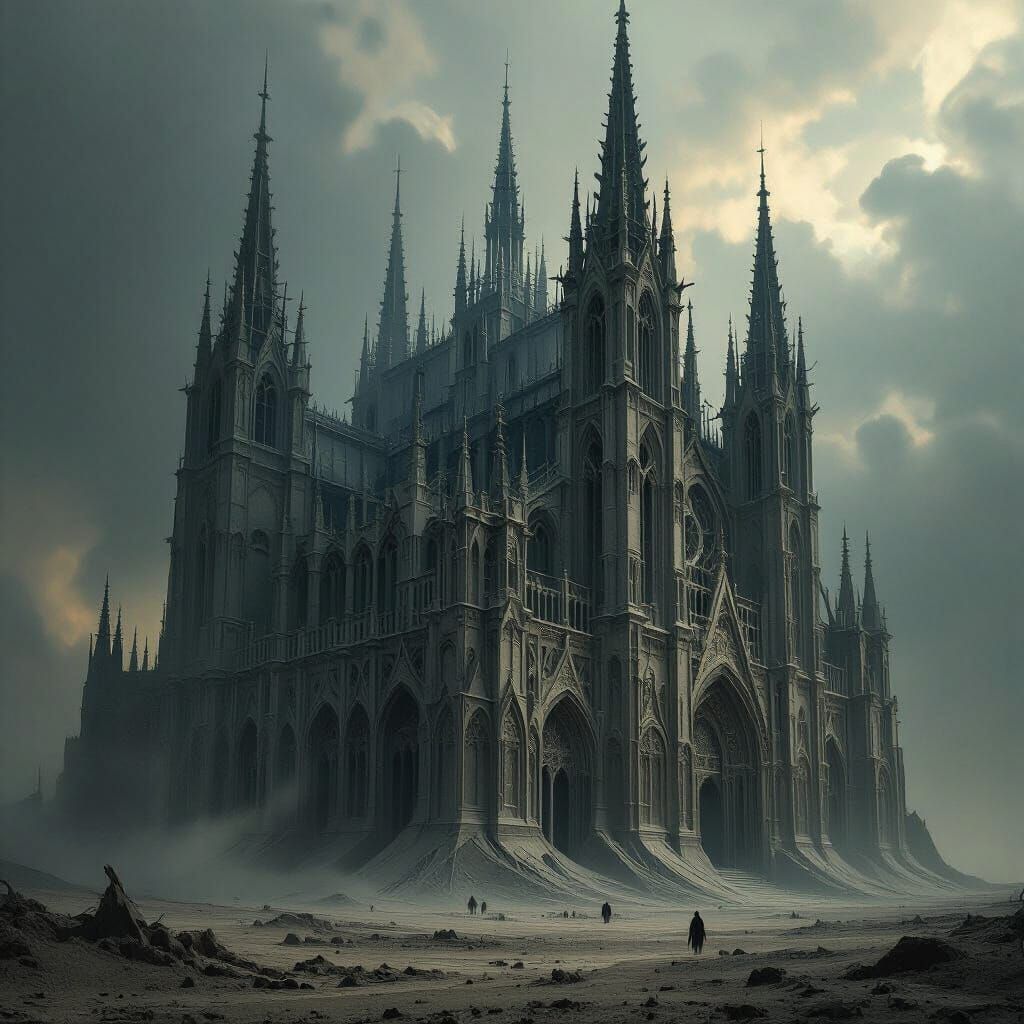 A colossal gothic cathedral made of bone rises from a desola...