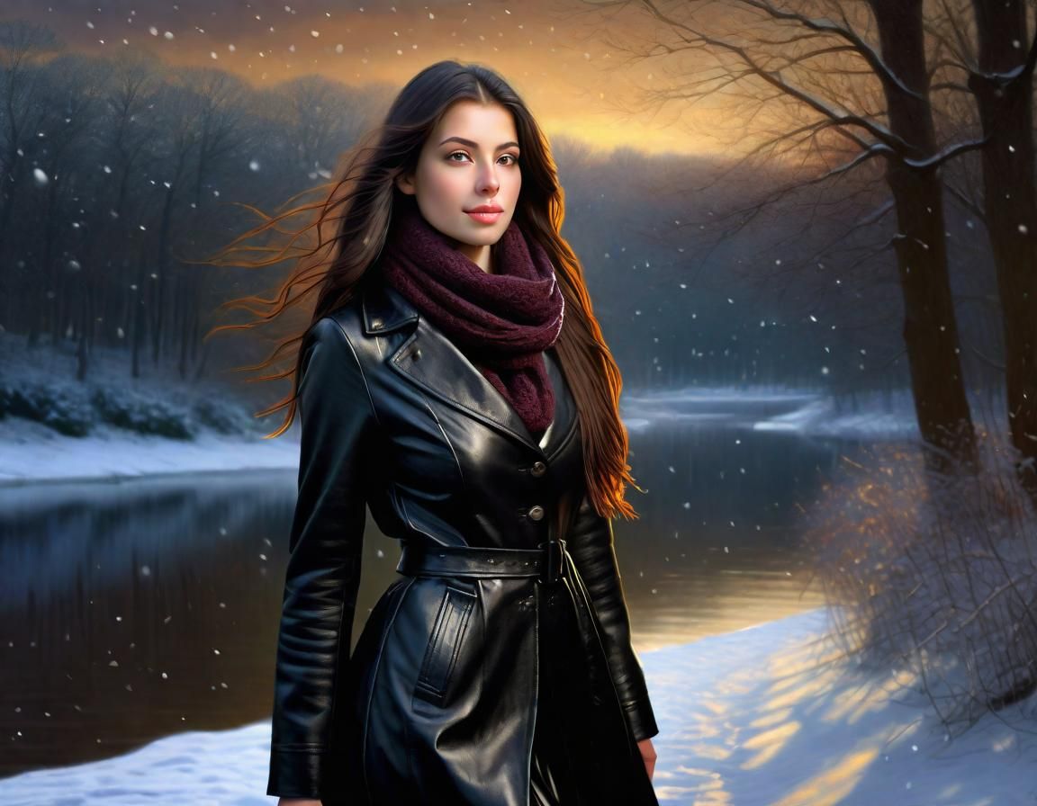 Renaissance Woman Walking in Snowy Forest at Night
