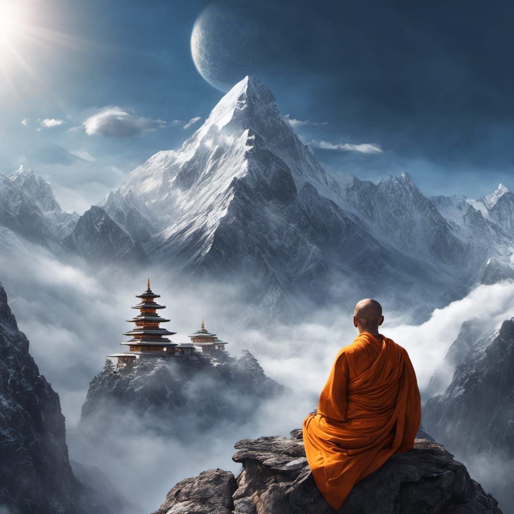 Monk Meditates Above Void, Himalayan Vista