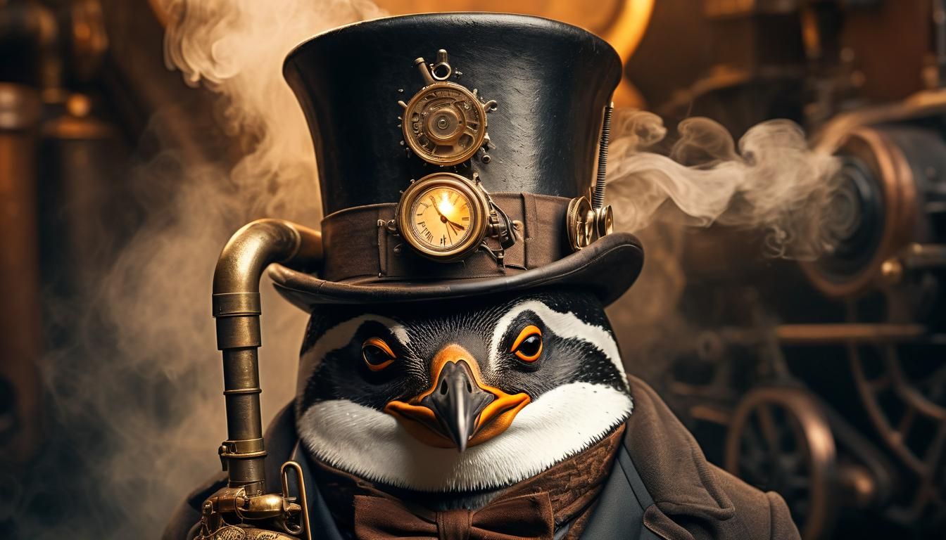 Steampunk Penguin Portrait in Engine Room