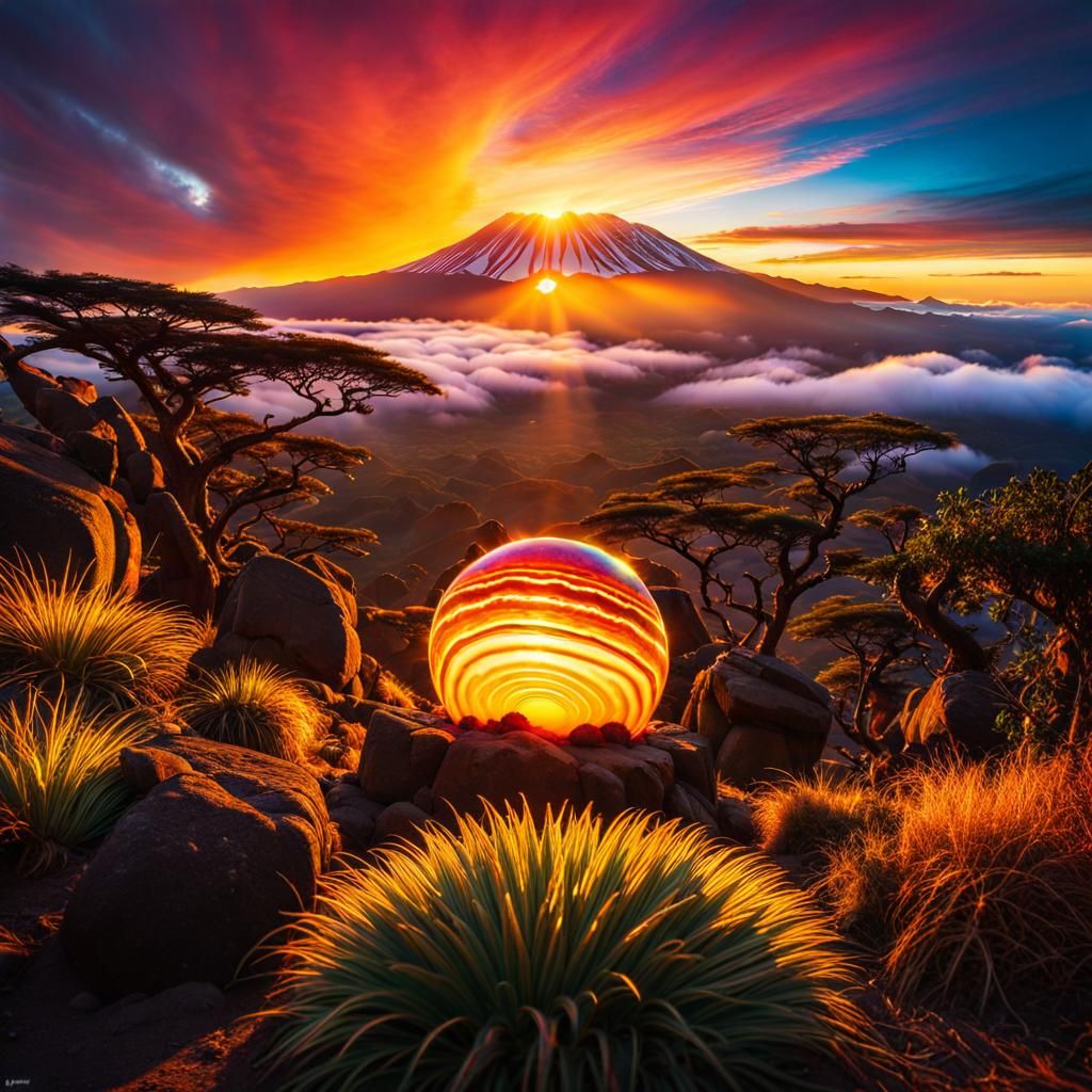 Psychedelic Orb Spirals Inside Mount Kilimanjaro at Sunrise