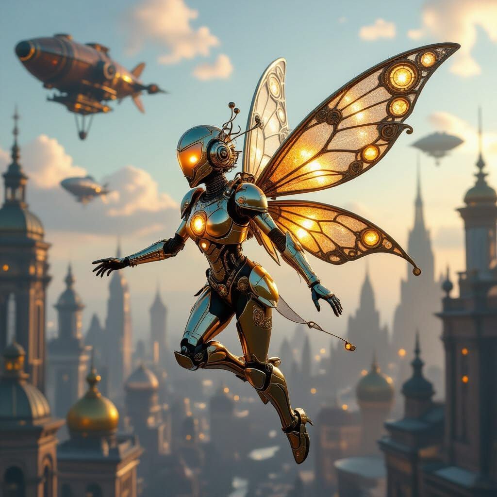 Clockwork Fairy in Steampunk Metropolis, Hyperrealistic Art