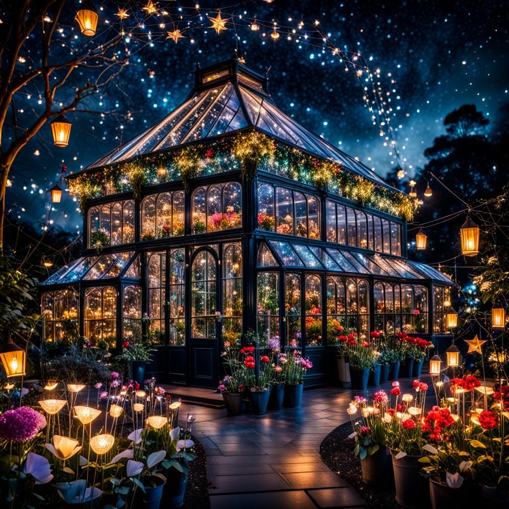 Enchanted Glasshouse at Night Under Twinkling Stars