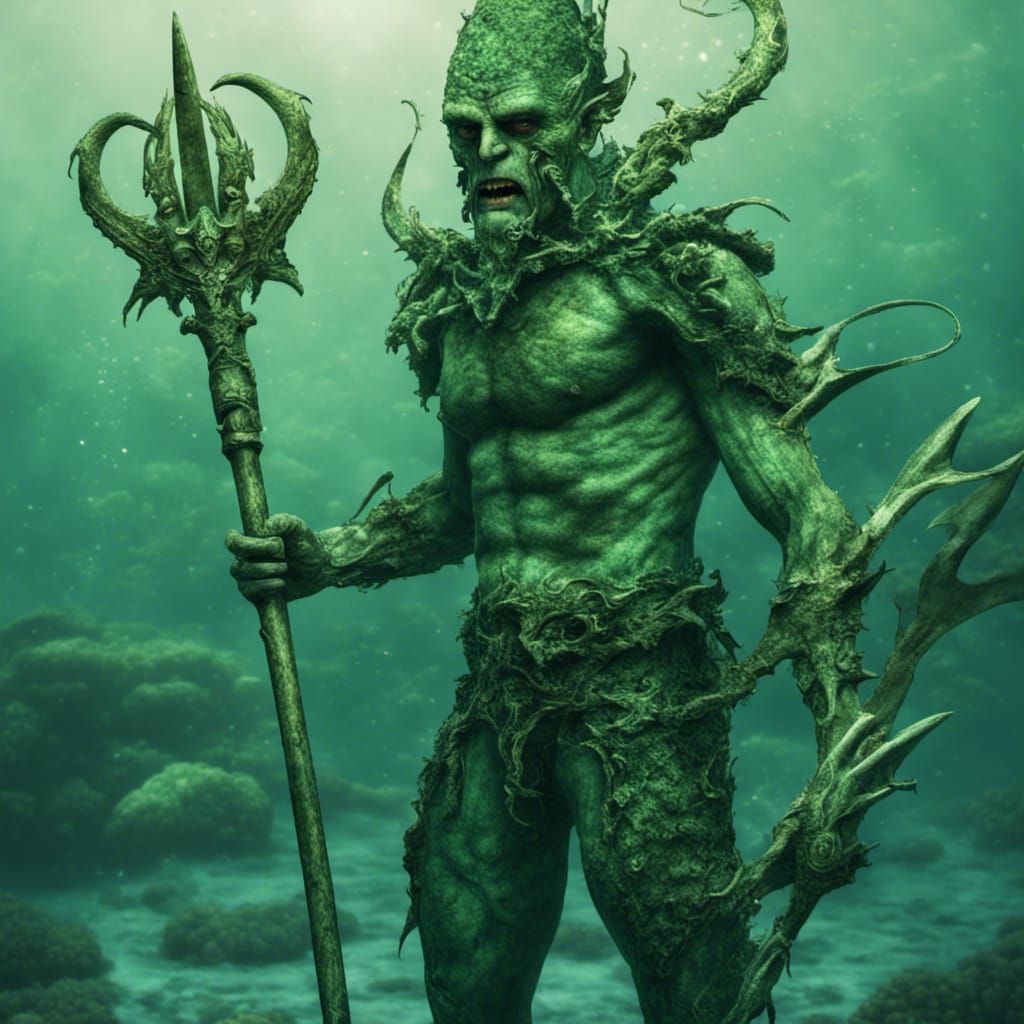 Grim-Dark Fish-Man with Trident in Deep Sea