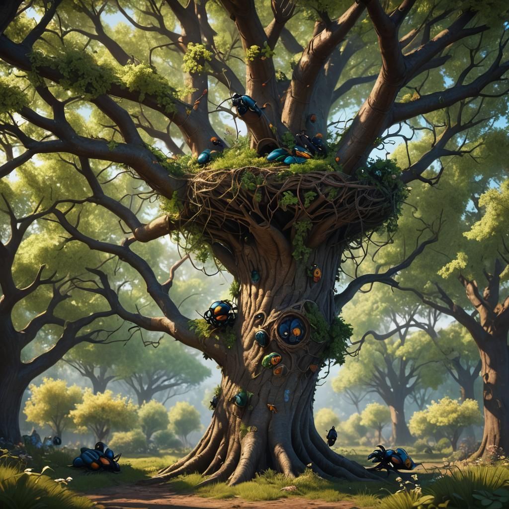 Spring Scene: Man Under Tree in Detailed Matte Painting