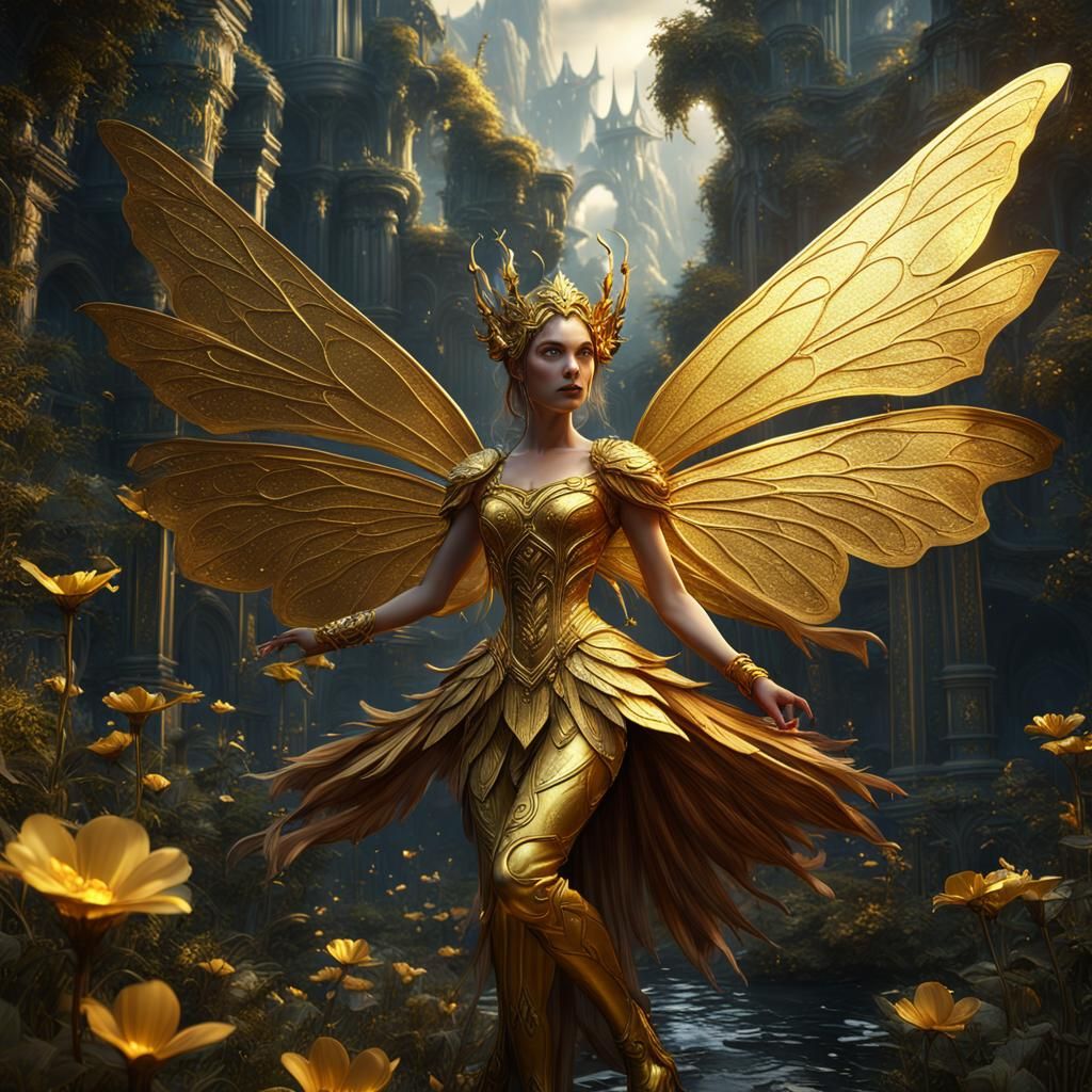 Golden Fairy in Detailed Matte Painting Style