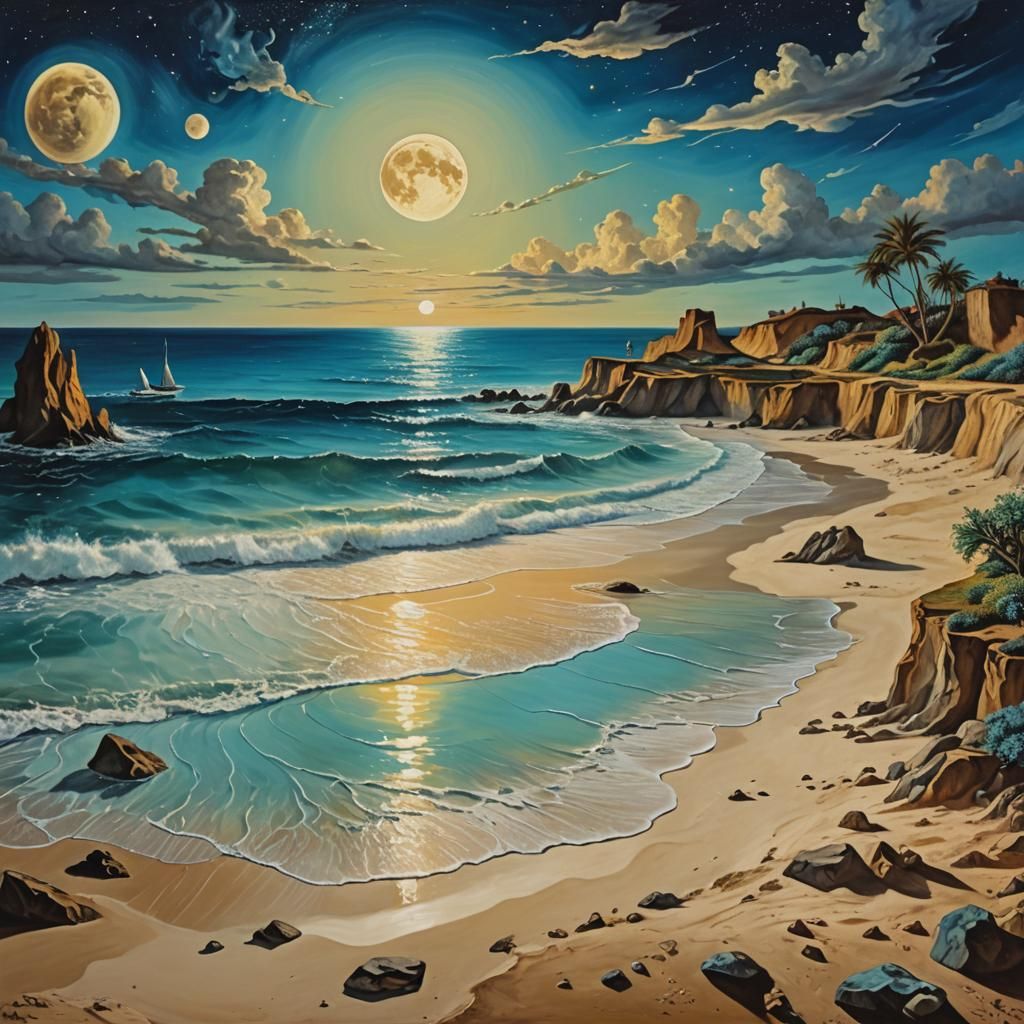 Surreal Beach with Moon in Salvador Dali Style