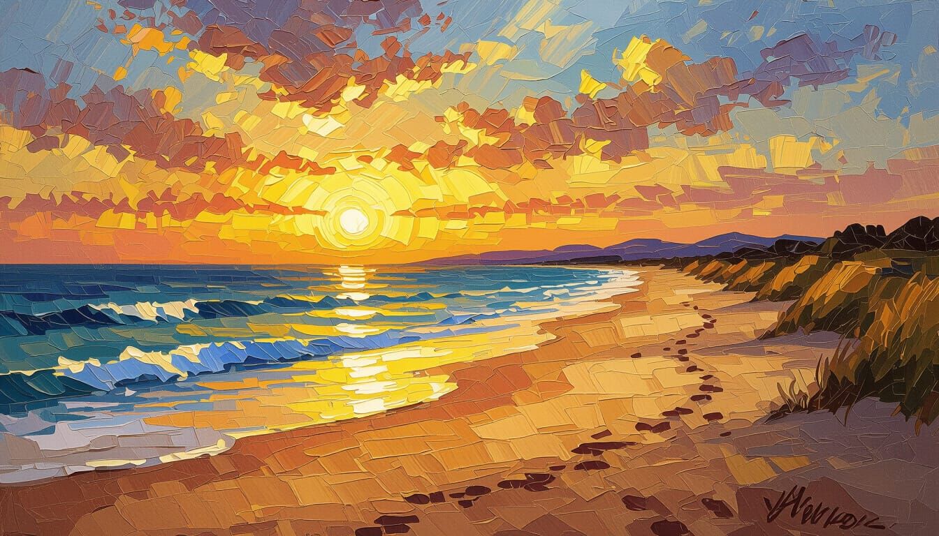 Golden Sunset on Deserted Beach, Impasto Style