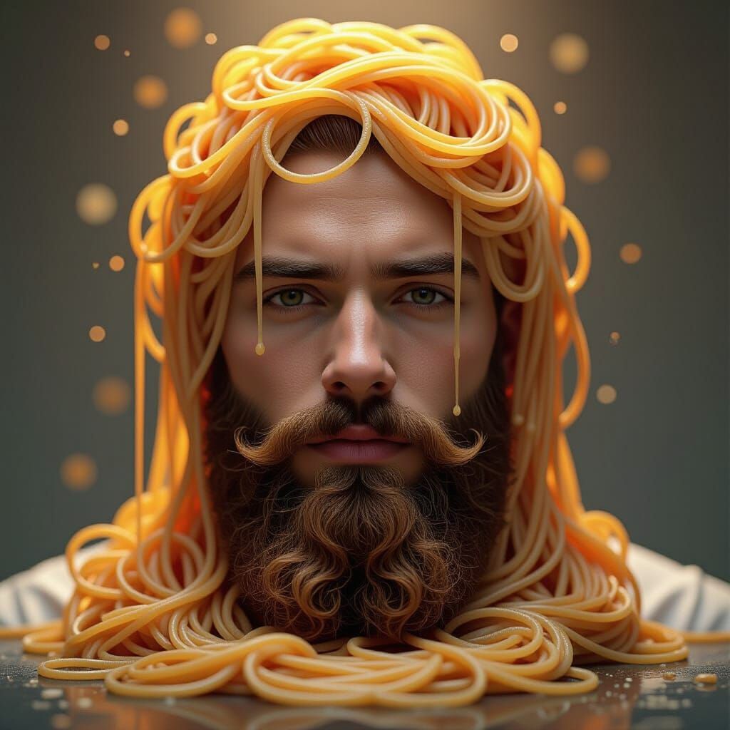 Surreal Man with Spaghetti Beard, Realistic Lighting