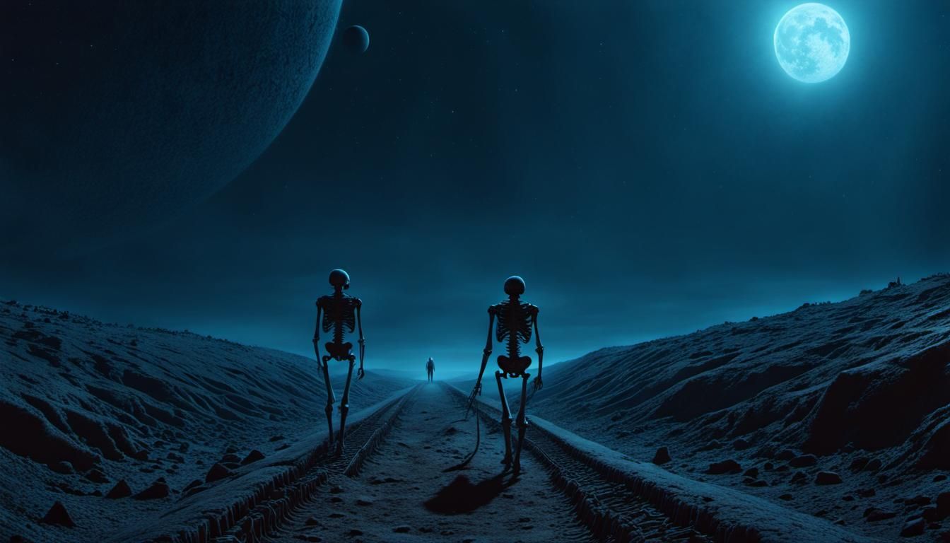 Cosmic Path Through Alien Skeleton in Surreal Style