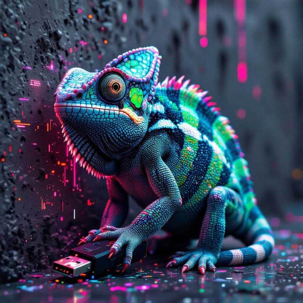 Pixel the Glitch Artist Chameleon in Cyberpunk Style