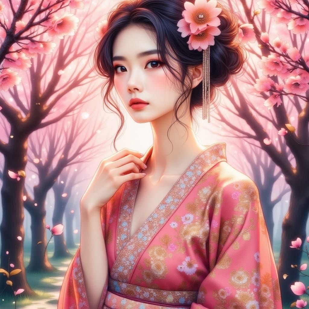 Elegant Japanese Woman in Traditional Sakura Kimono