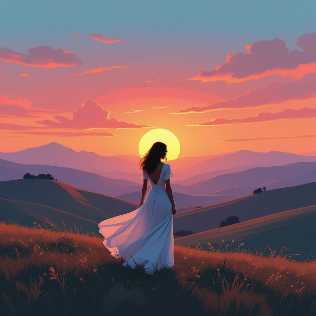 Woman in Sunset Landscape: 80s Surrealism