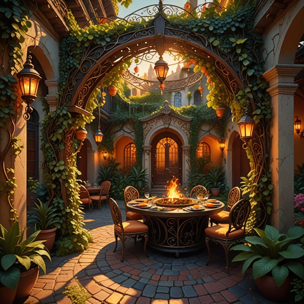 Lush Courtyard with Magical Grill, Oil Painting