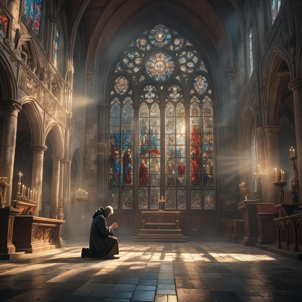 Stained Glass Window Illuminates Kneeling Figure