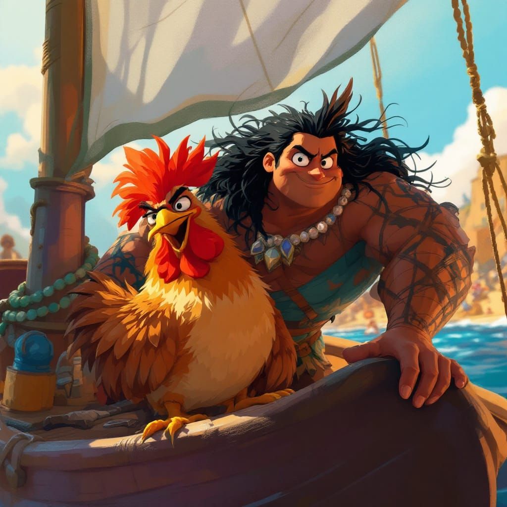 Heroic Moana and Goofy Rooster Sail the Seas