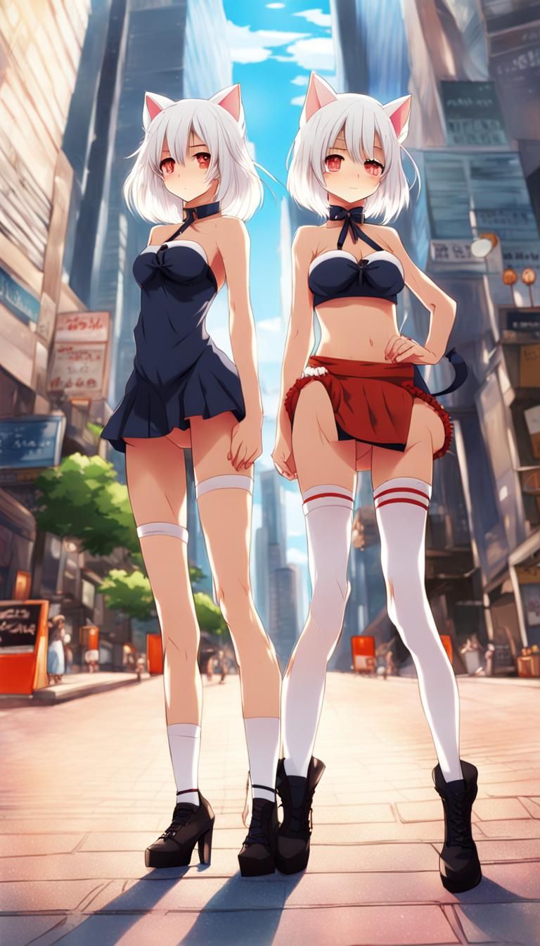 Anime Style Twin Catgirls in the City
