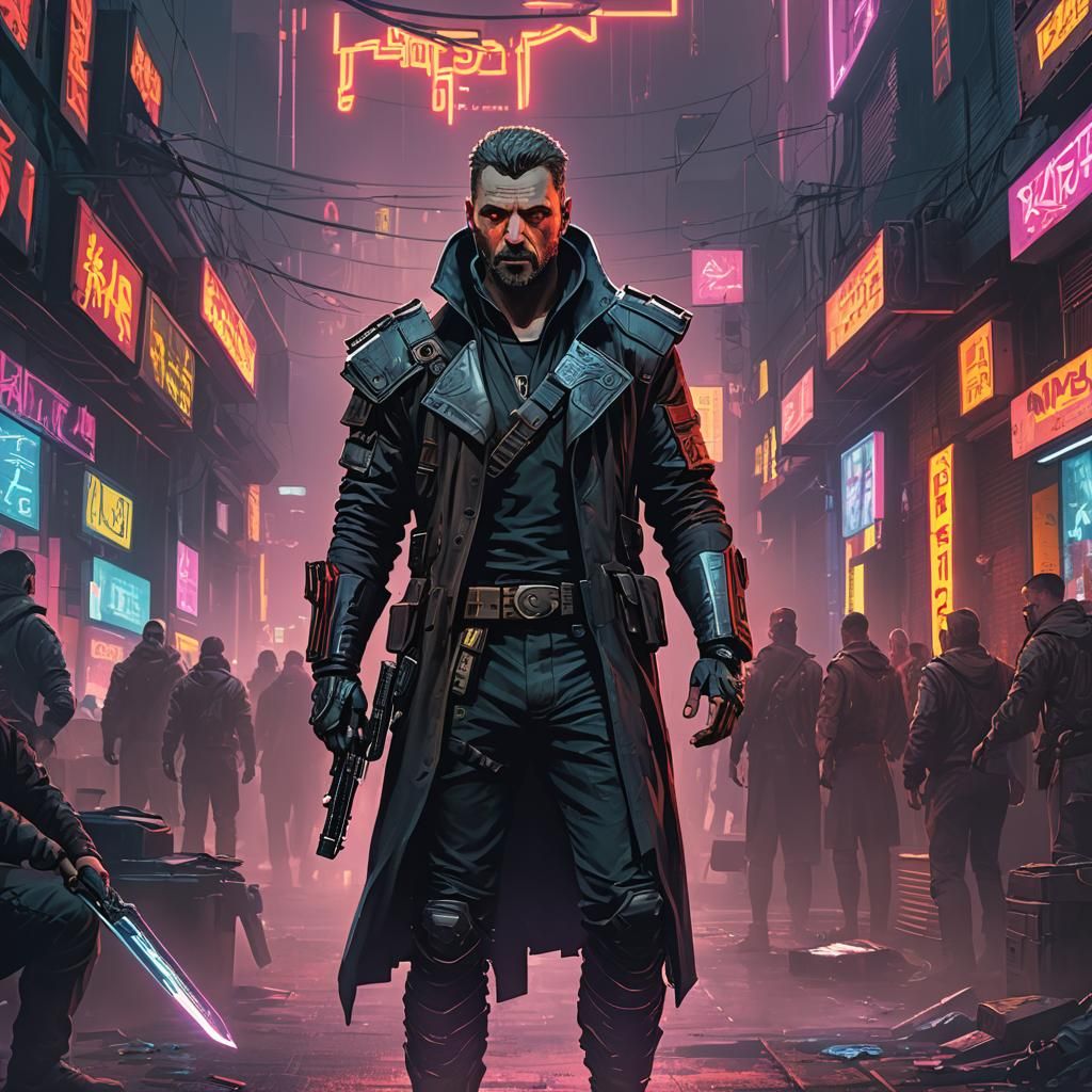 Nordic Spartan Warrior in Cyberpunk Neon City