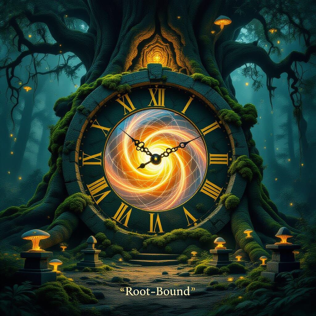 Moss-Covered Stone Clock in Ancient Forest