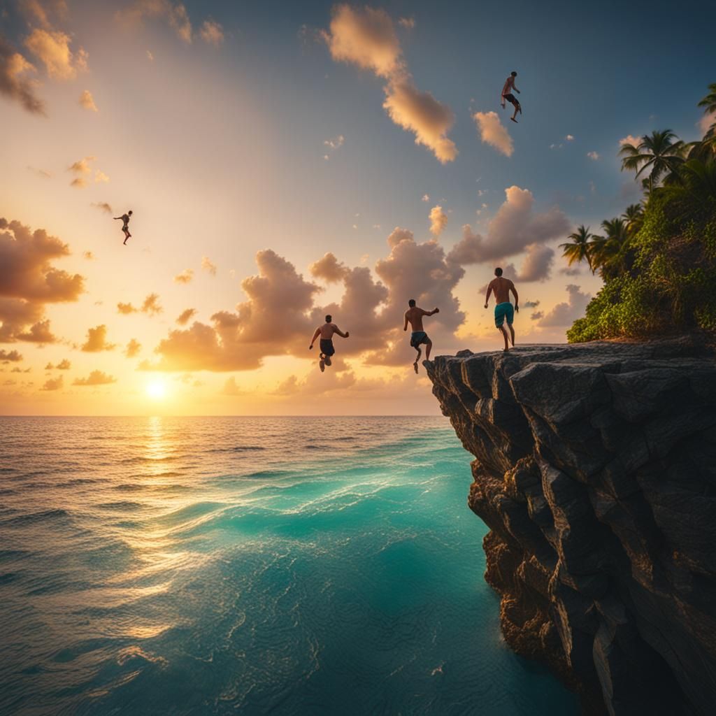 Maldives Cliff Jump at Sunset: Digital Matte Painting