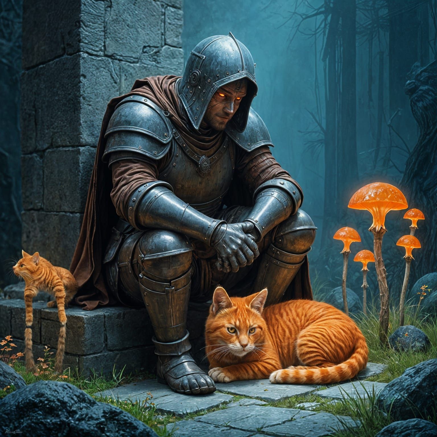 Knight and Cat in Ghibli-Style Oil Painting