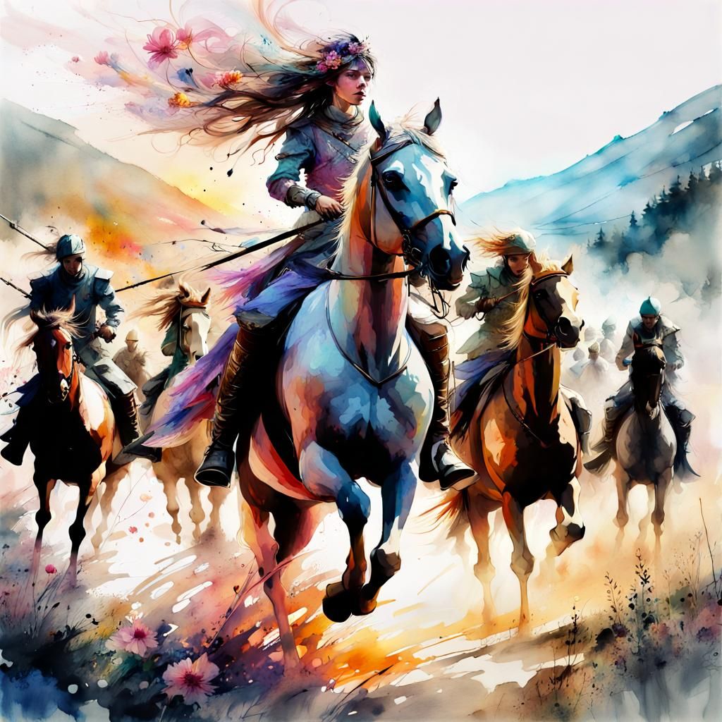 Stunning Cavalry Charge in Fantasy Sunset, Watercolor Art