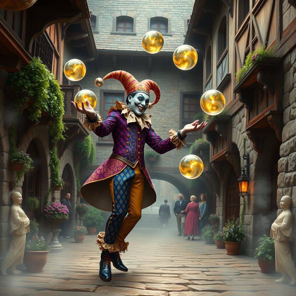 Jester Juggles Radiant Balls in Whimsical Medieval Courtyard