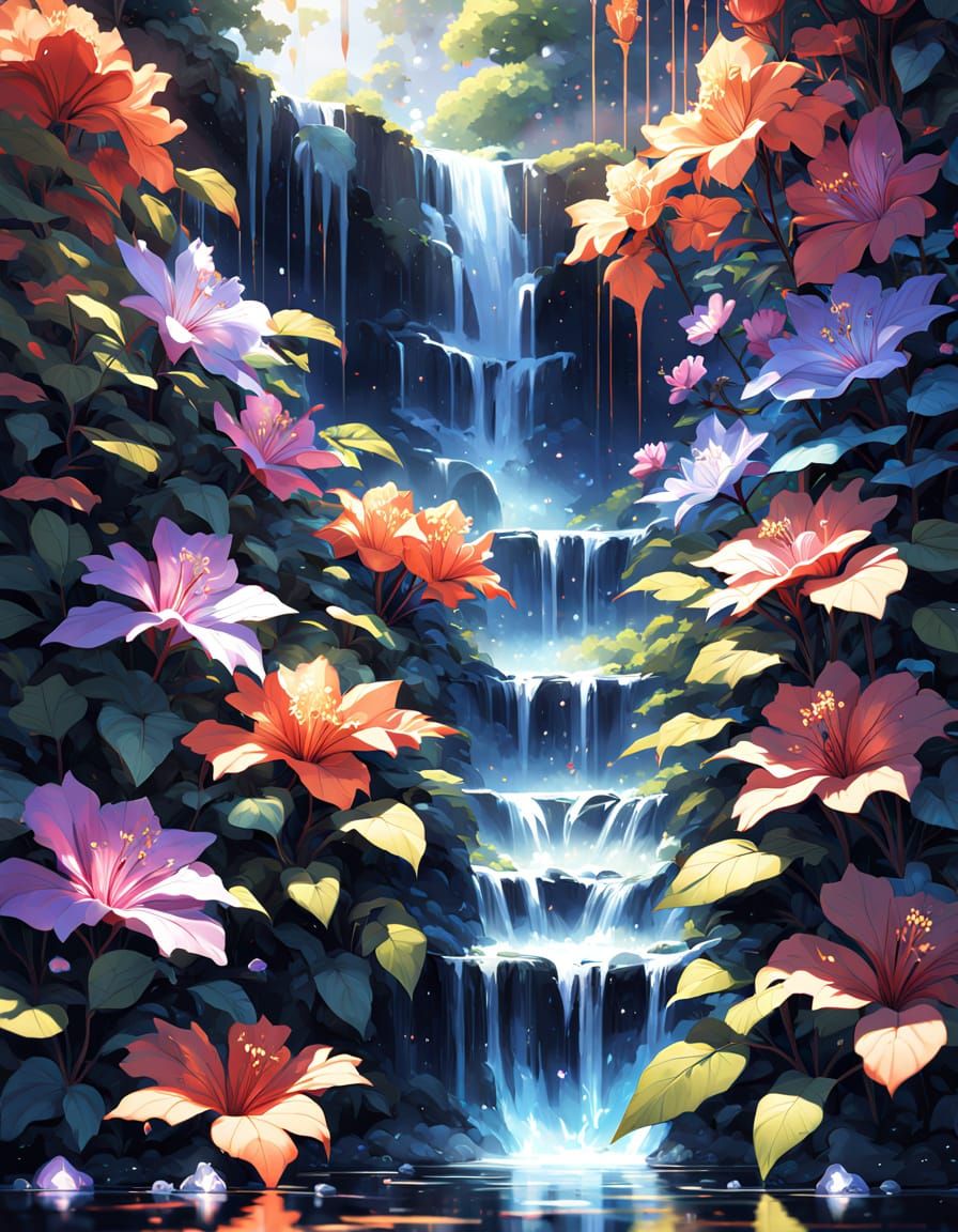 Crystal Waterfall and Rainbow Hibiscus in Anime Style