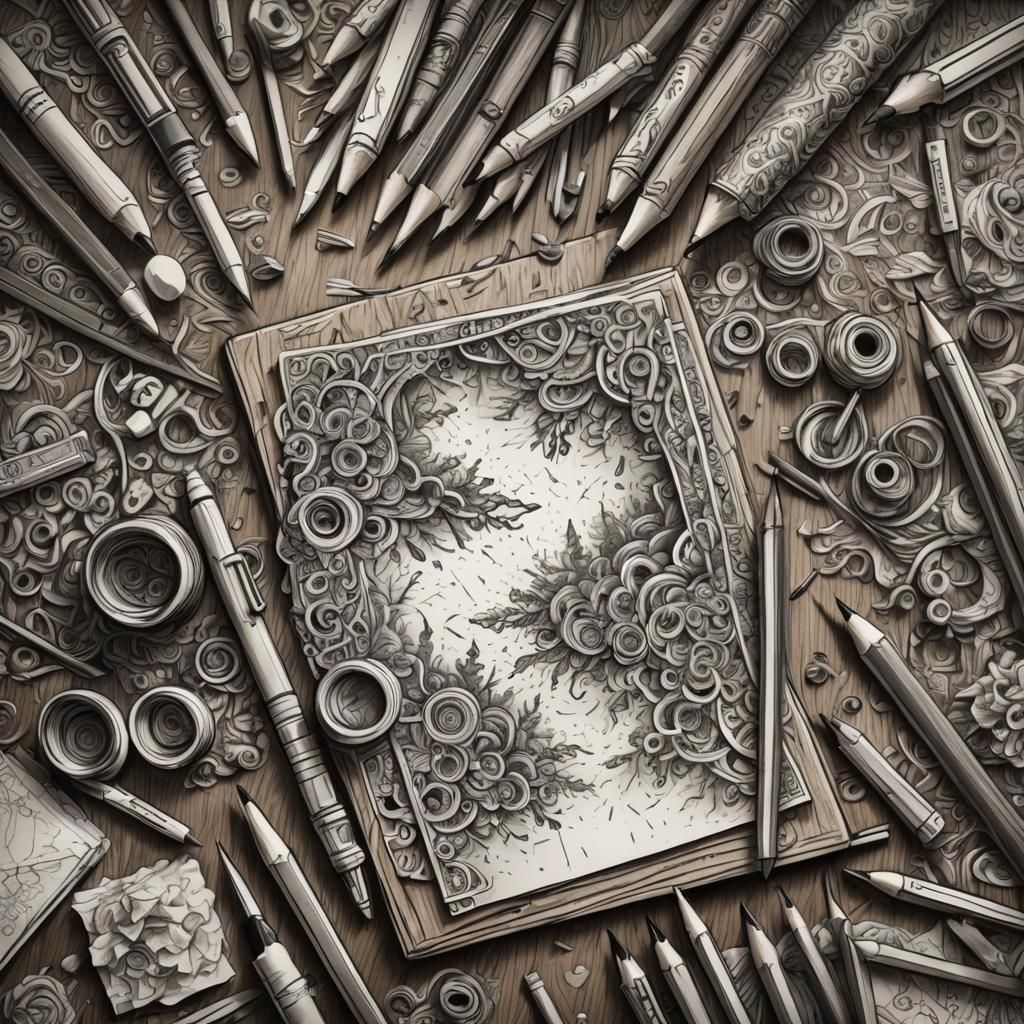 Detailed Doodle on Wooden Desk: Hyperrealistic Digital Art