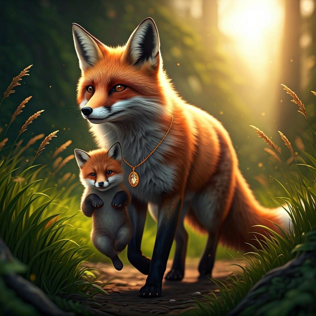 Mother Fox and Cub in Lush Forest, 3D Render
