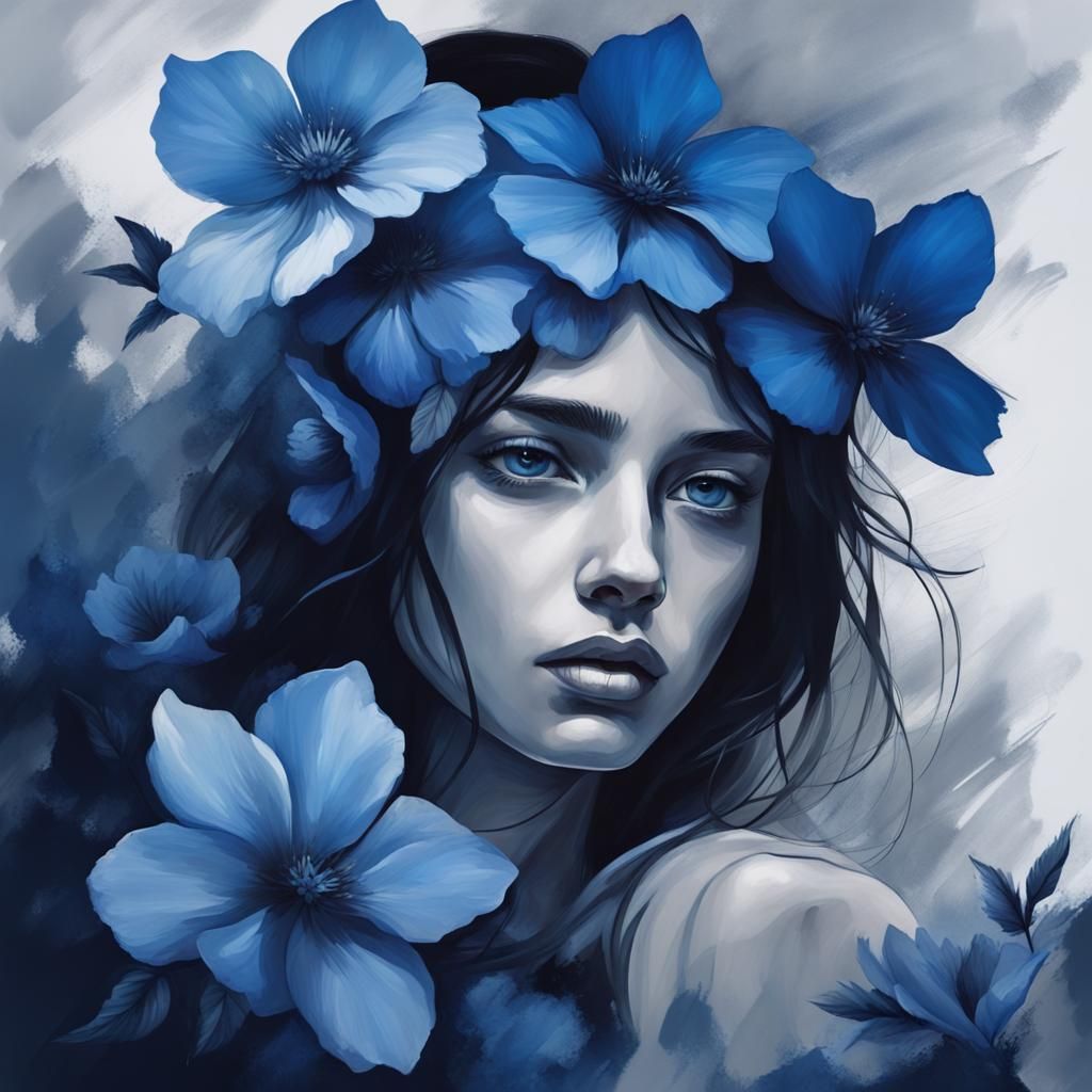 Monochromatic Portrait with Blue Floral Adornments