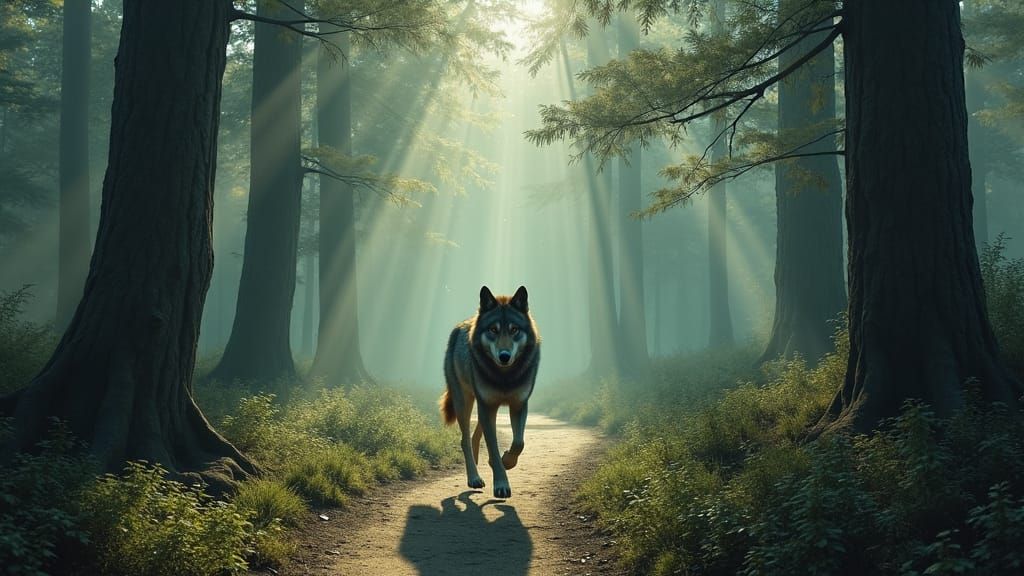 Wolf on Forest Path in Mystical Biomechanical Style
