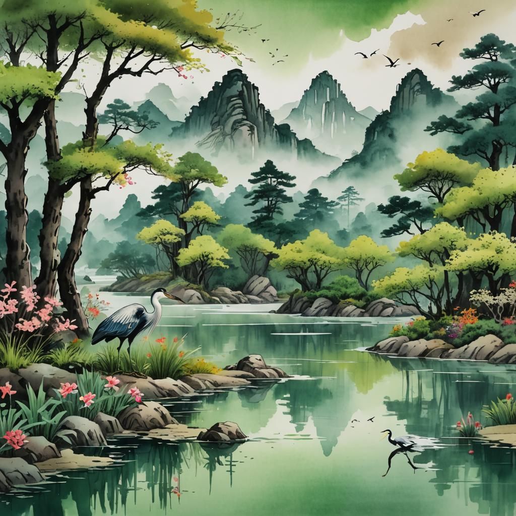 Chinese Ink Art: Heron at Mountain Lake