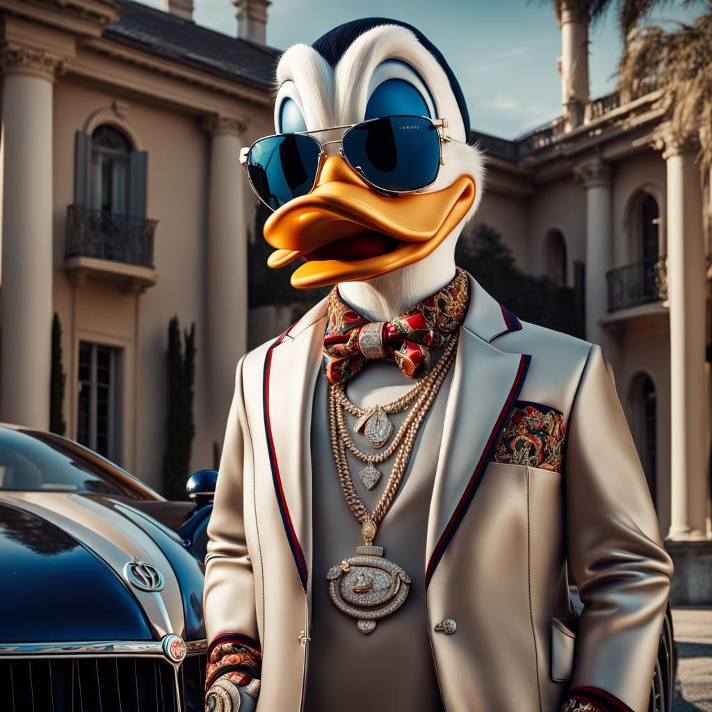 Donald Duck in Gucci Tracksuit: Hyperrealistic Mansion Scene