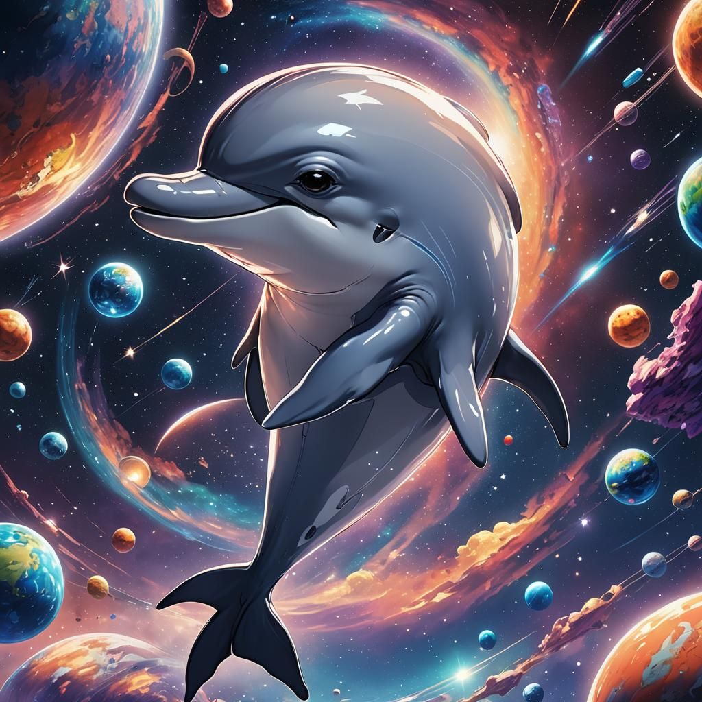 Cute Dolphin's Space Dance: Anime Cel-Shaded Art