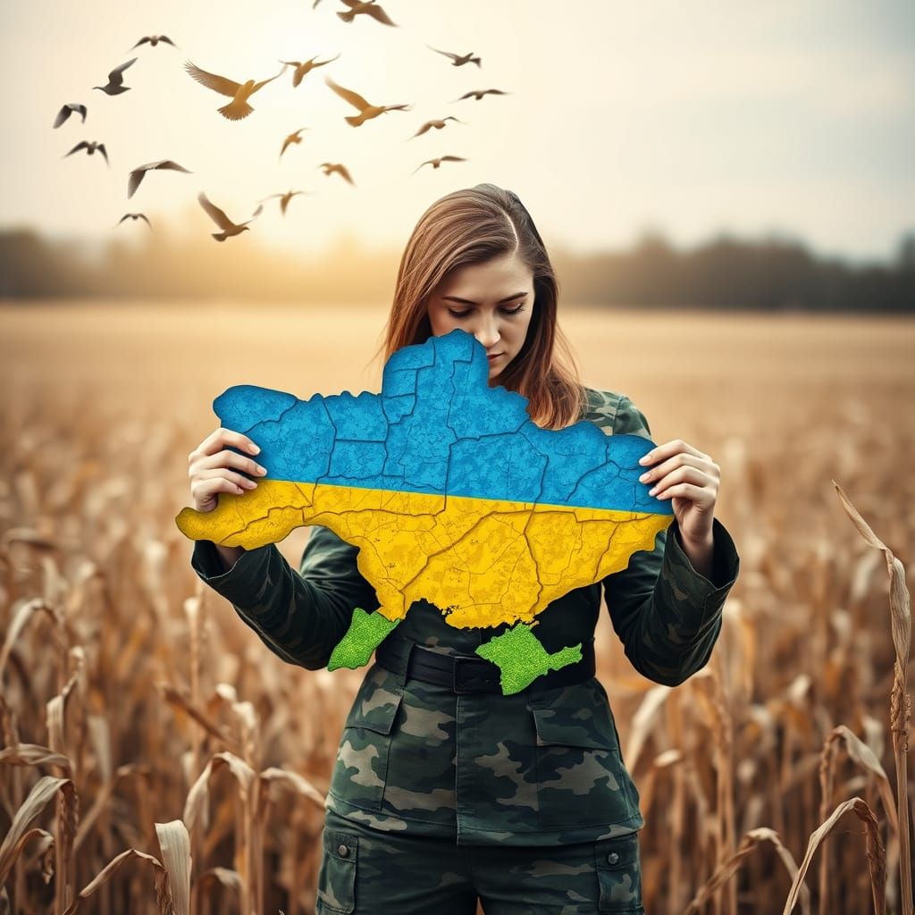 Ukrainian Woman with Map Cutout in Field