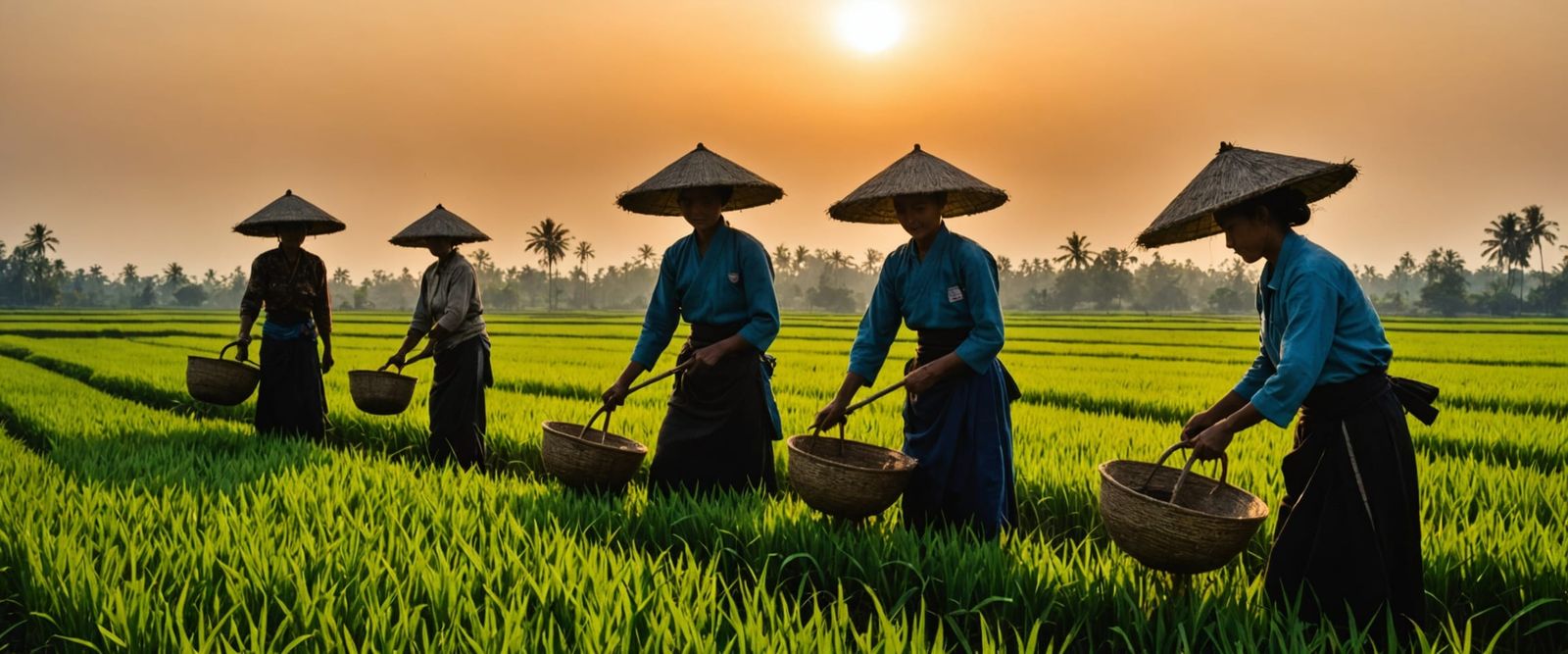 Asian Women Silhouetted in Rice Field at Sunset