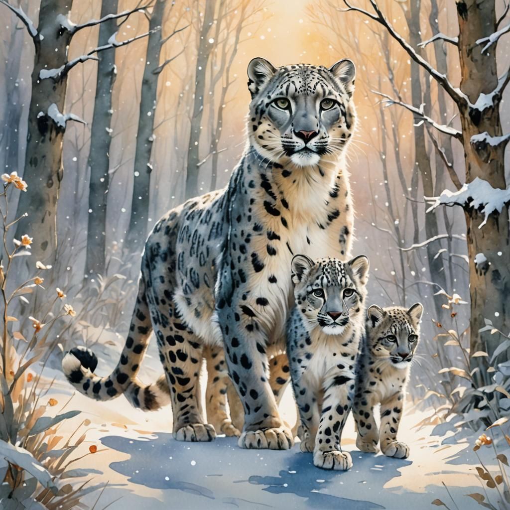 Snow Leopard Family in Winter Wonderland Watercolor