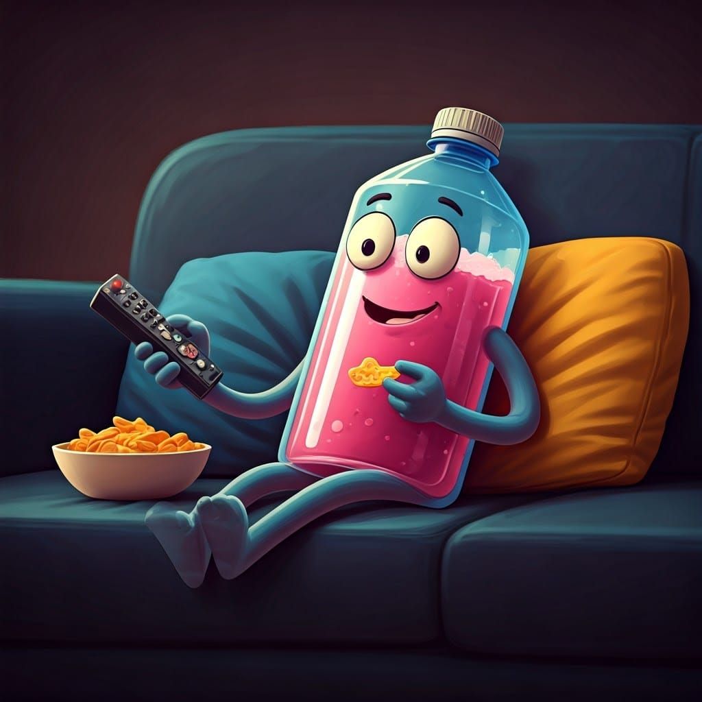 Personified Drink Bottle Watches TV, Digital Illustration