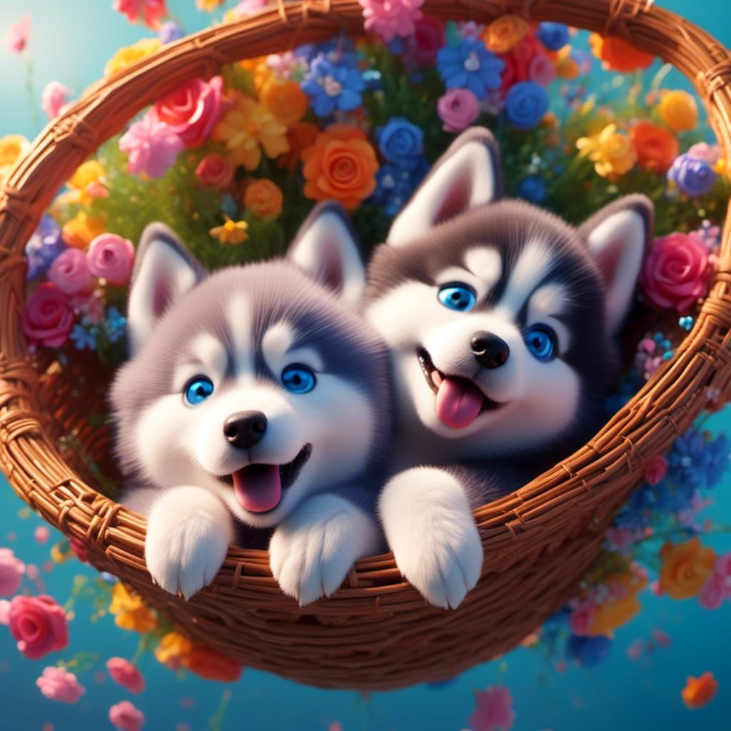The basket with cute blue-eyed Siberian husky puppies.